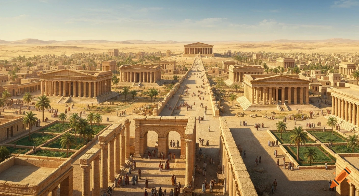 Panoramic view of a bustling ancient desert city with grand temples, arches, and a long colonnaded avenue under a clear sky.
