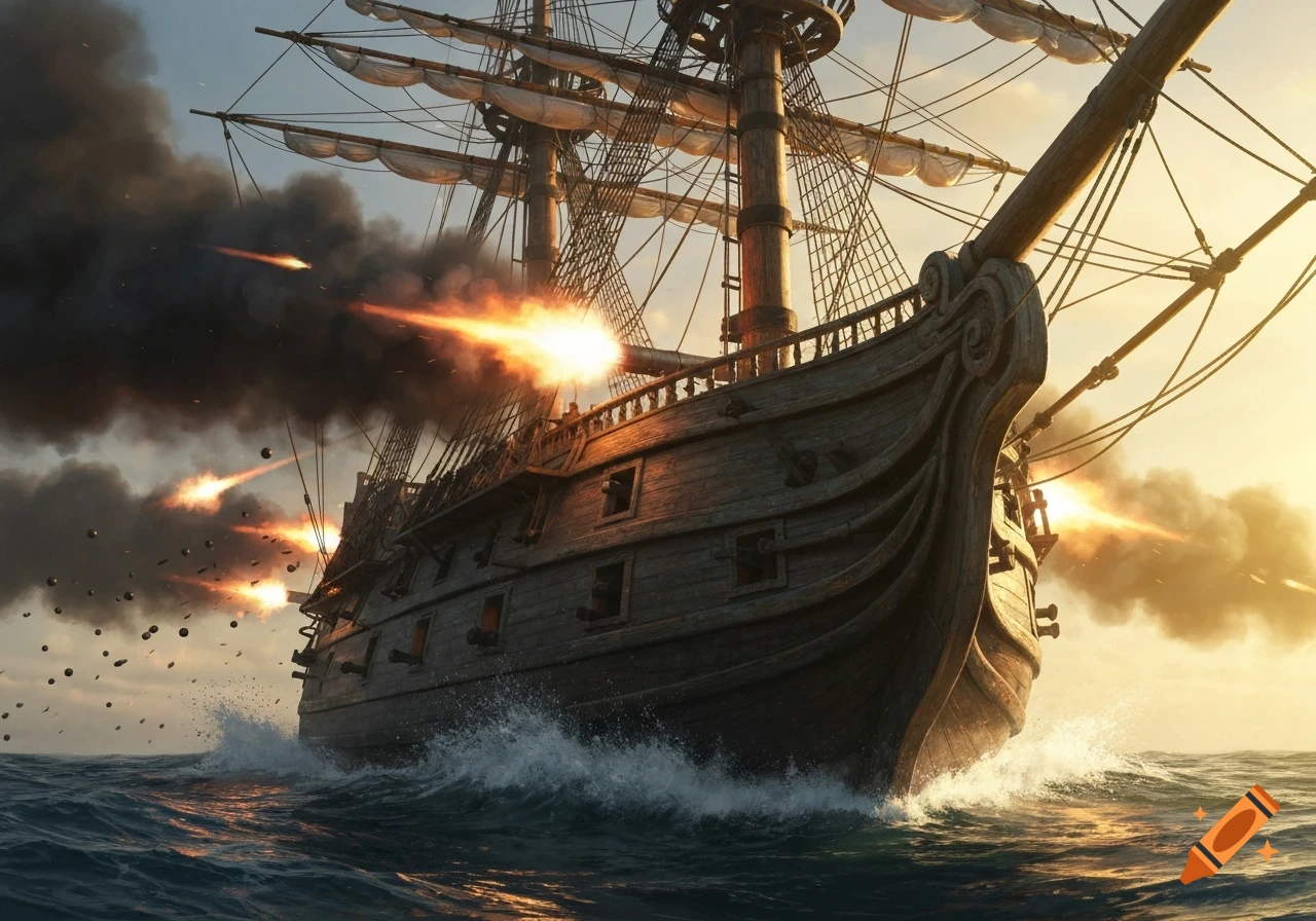Photorealistic image of a galleon firing cannons broadside on a choppy sea at sunset, smoke billowing.