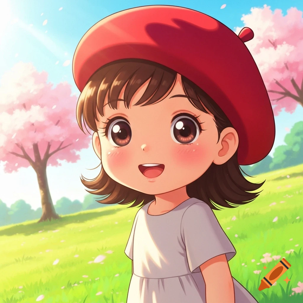 A cute anime girl with a red beret and rosy cheeks smiles in a sunlit grassy field with pink cherry blossom trees.