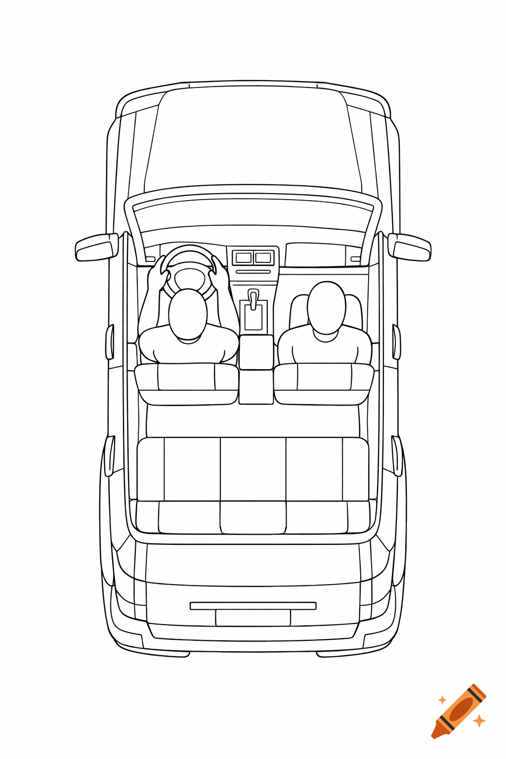 Top-down black-and-white line art illustration of an SUV with two featureless mannequins in the front seats.