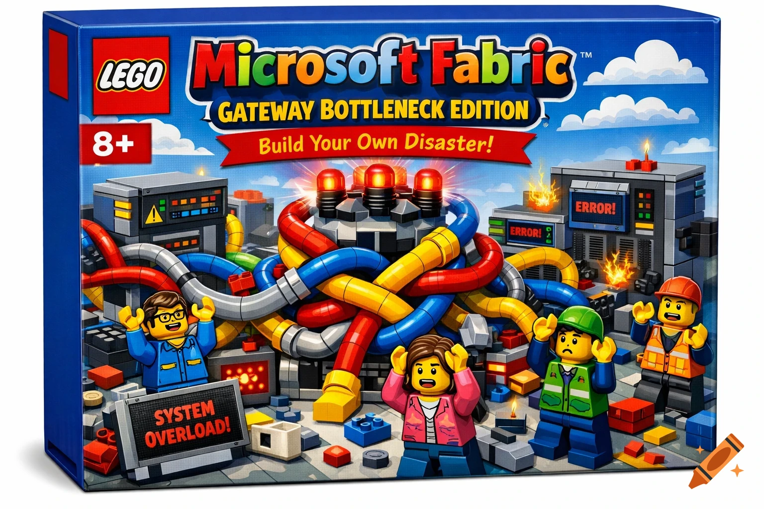 A blue Lego box for 'Microsoft Fabric: Gateway Bottleneck Edition' showing Lego figures and a tangled data center with 'SYSTEM OVERLOAD!' and 'ERROR!' warnings.