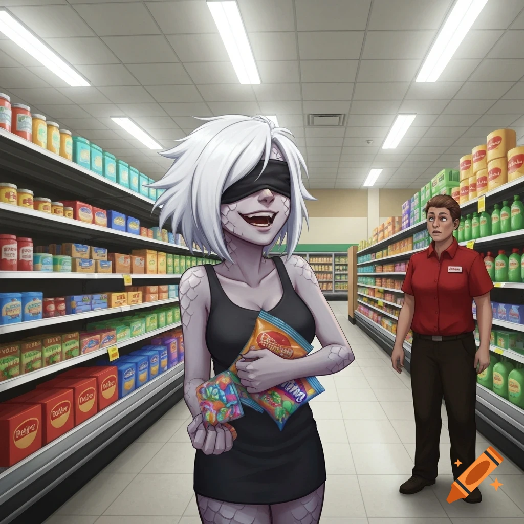 Anime-style character with white hair and blindfold, holding snack bags and smiling in a supermarket, as a surprised employee watches.