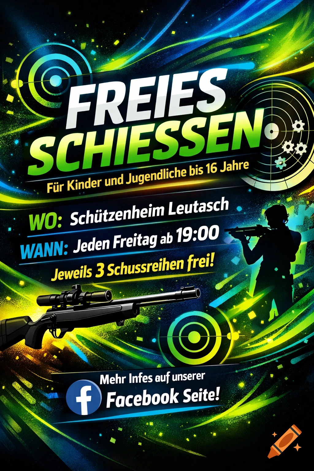 A vibrant green and blue flyer advertising "FREIES SCHIESSEN" (Free Shooting) for children and teenagers up to 16, featuring a sniper rifle, a shooter silhouette, and target graphics.