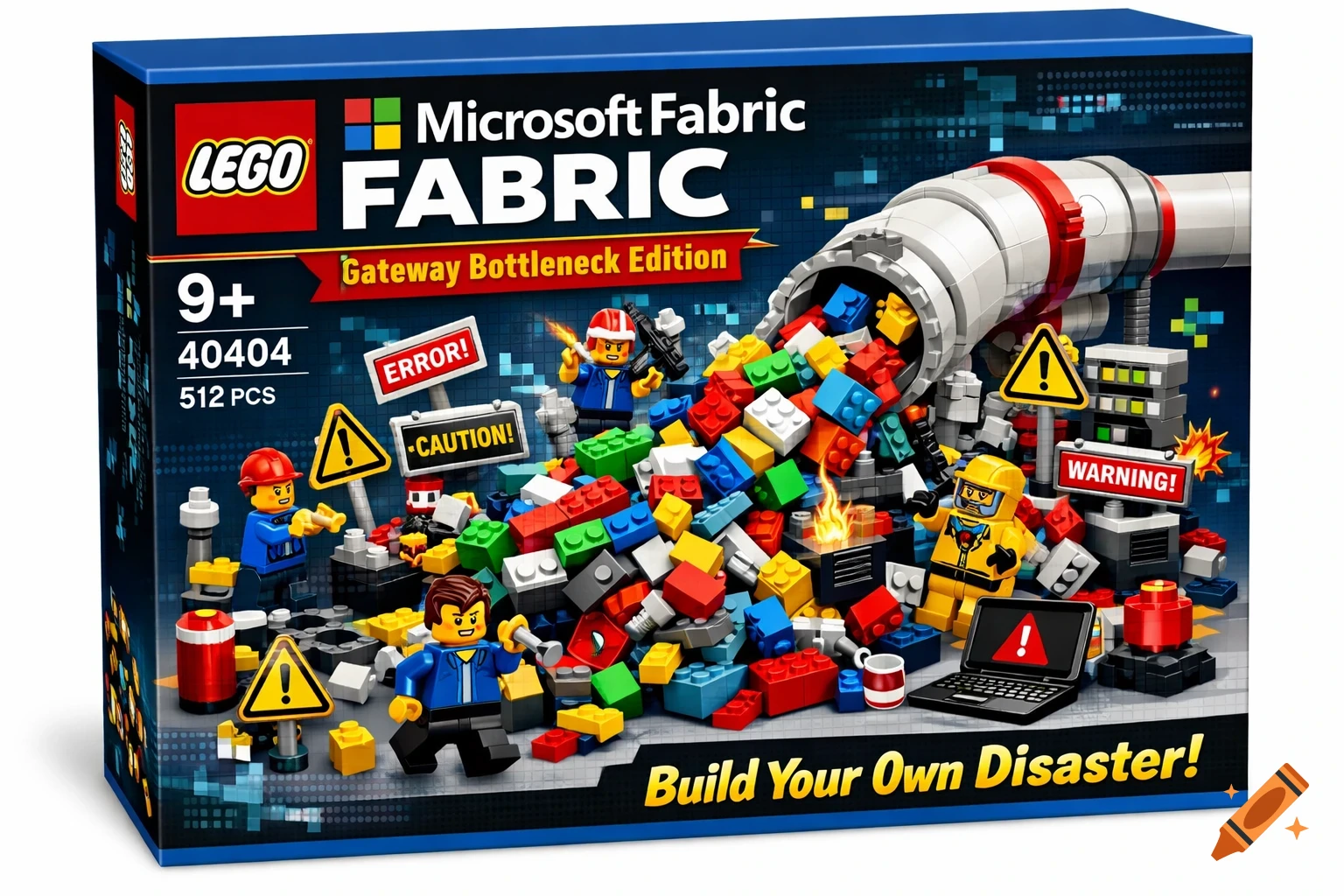 A LEGO set box for 'Microsoft Fabric: Gateway Bottleneck Edition', subtitled 'Build Your Own Disaster!', showing minifigures surrounded by a pile of colorful bricks spilling from a pipe, with warning signs.