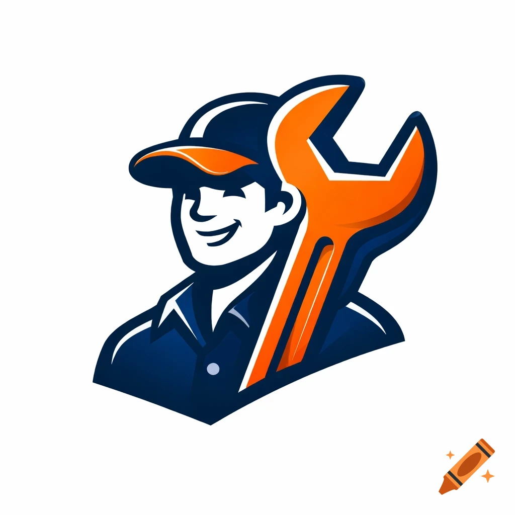 A smiling handyman logo, featuring a man in a cap with a large orange wrench behind him.