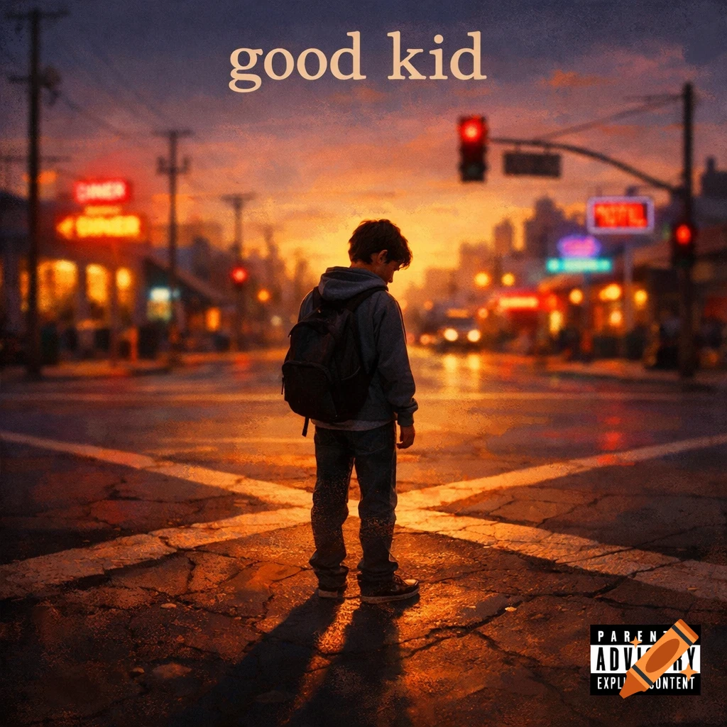 A child with a backpack stands in a city crosswalk at sunset. 'good kid' is written at the top, with a parental advisory label.