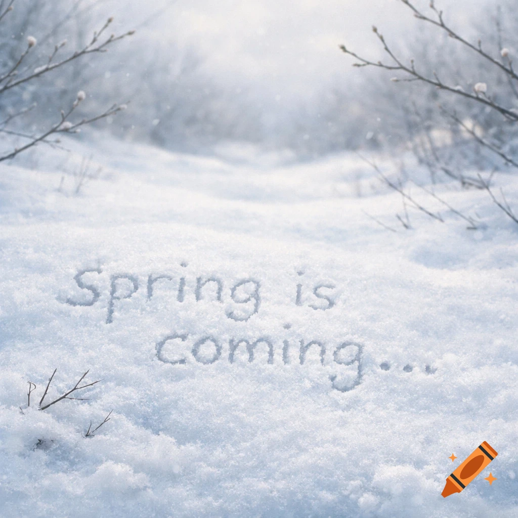 Snowy landscape with 'Spring is coming...' written in the snow, bare branches in the background.