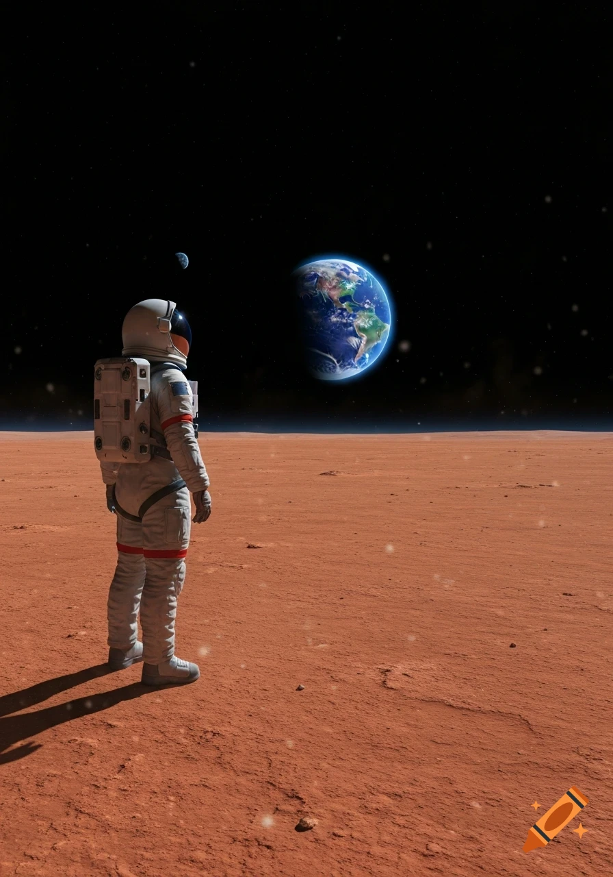 An astronaut stands on the reddish surface of a planet, looking up at Earth and its moon in the dark, star-filled sky. Photorealistic style.