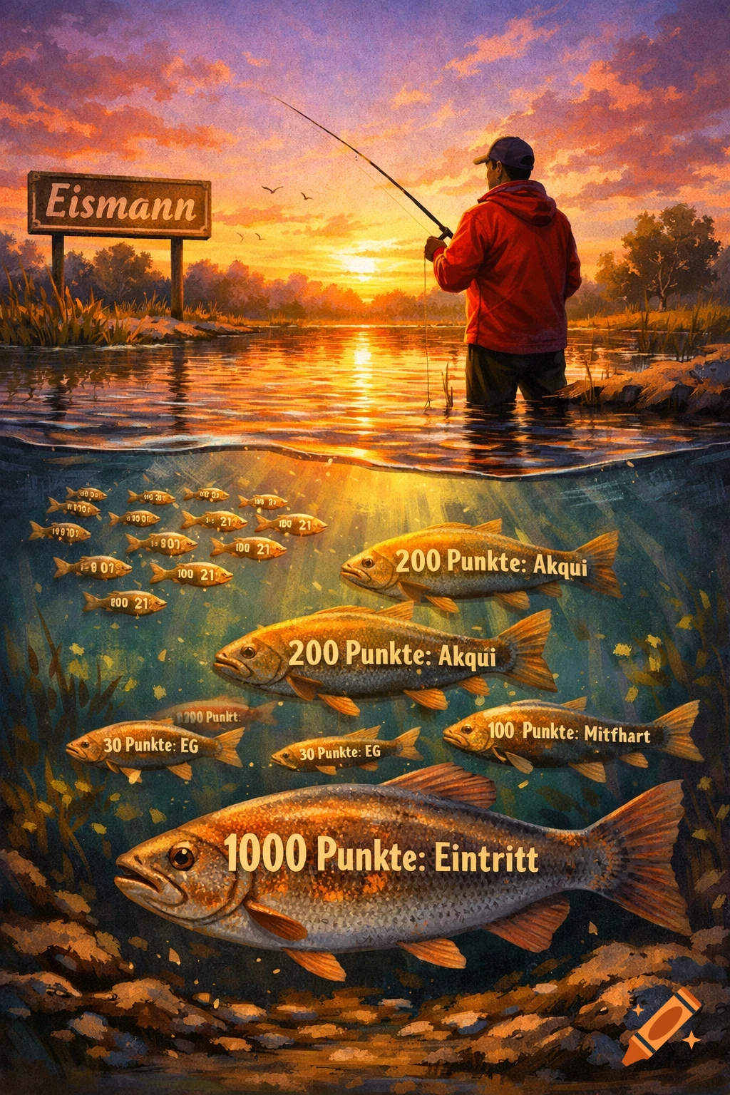 An illustration of a man fishing in a lake at sunset. Below the water, various fish with point values and German text are visible, like a game.