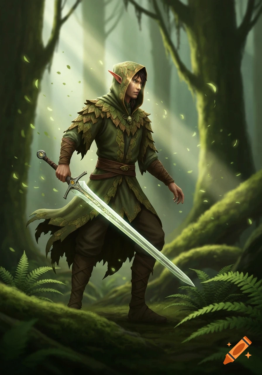 A serious wood elf wizard in a hooded, leaf-adorned cloak holds a glowing long sword, standing in an ethereal, sunlit forest.