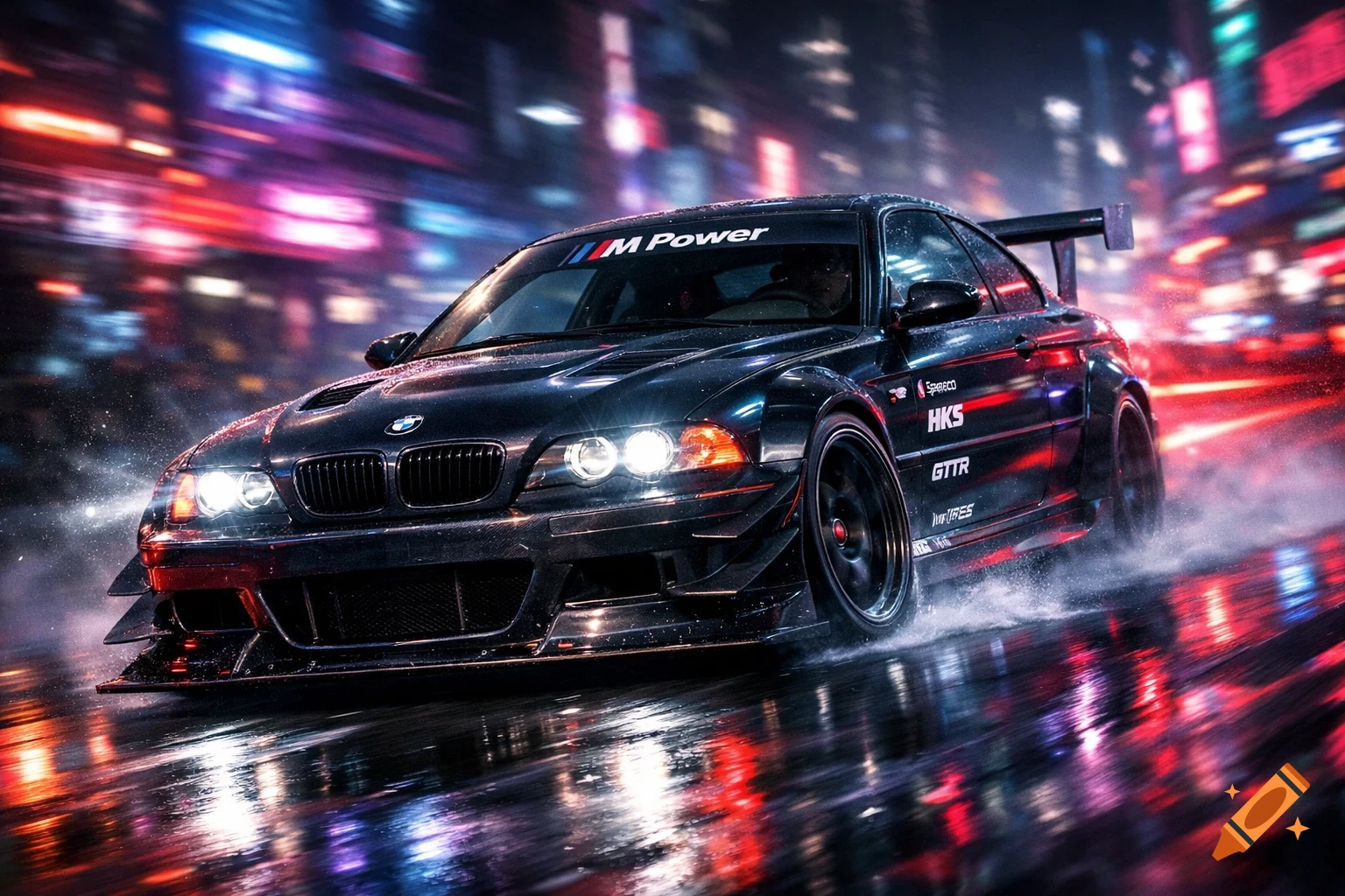 A black BMW M3 race car with a wide body kit speeds through a neon-lit wet city street at night, creating water spray.