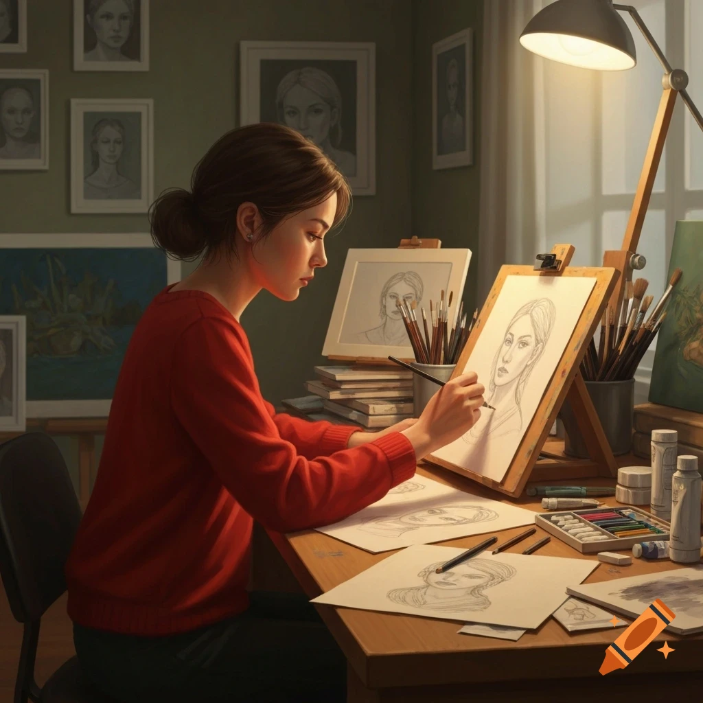 A young woman in a red top drawing a portrait at a cluttered art desk in a studio, depicted in a realistic digital painting style.