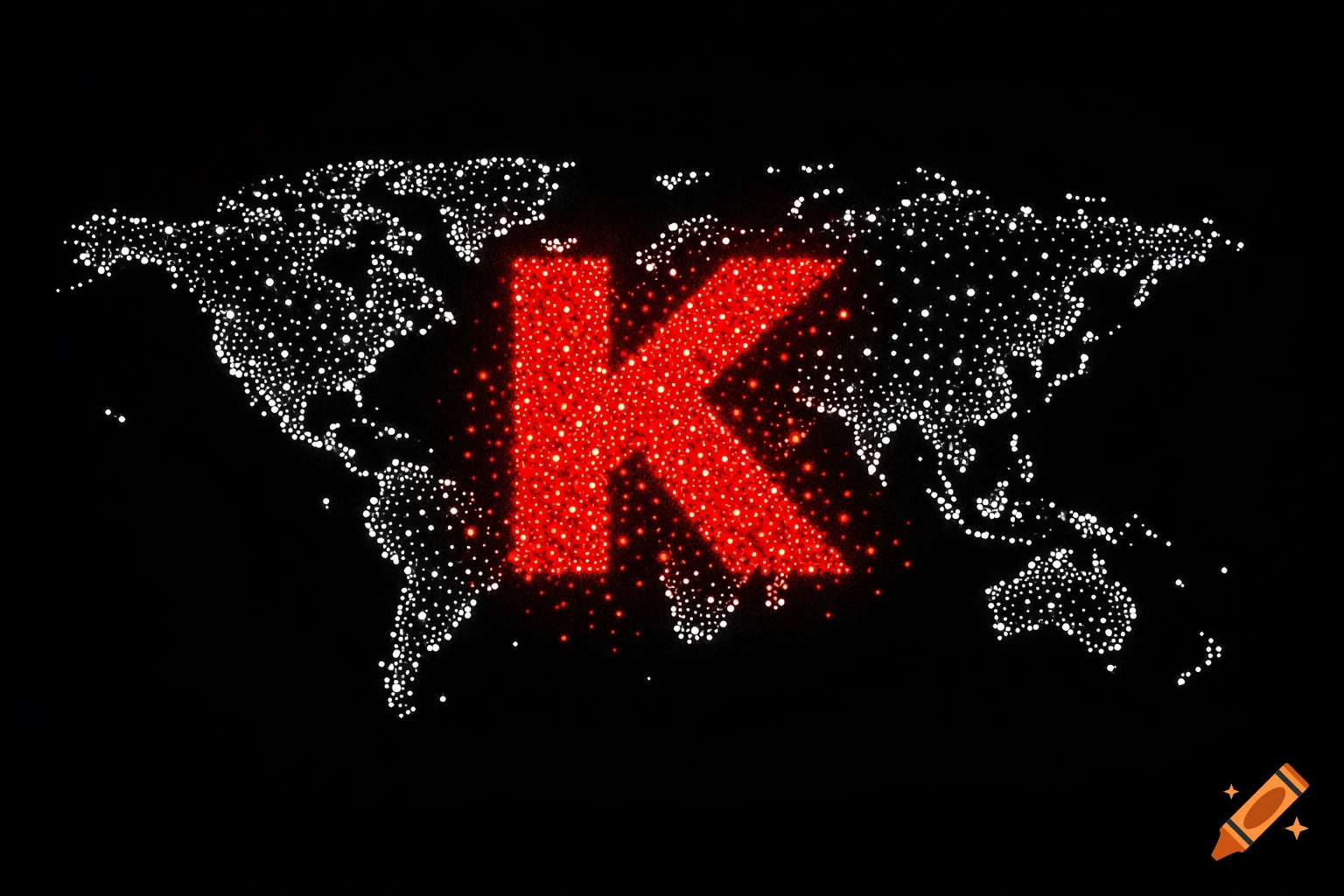 A world map made of white dots on a black background, with a large red letter K formed by red dots in the center.
