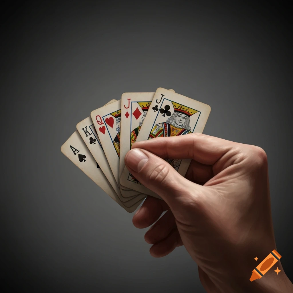 A photorealistic image of a hand holding five playing cards, fanned out against a plain gray background.