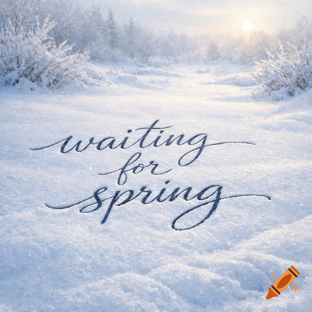 Photorealistic image of 'waiting for spring' written in a snowy path, with a frosted forest and sunlit sky in the background.