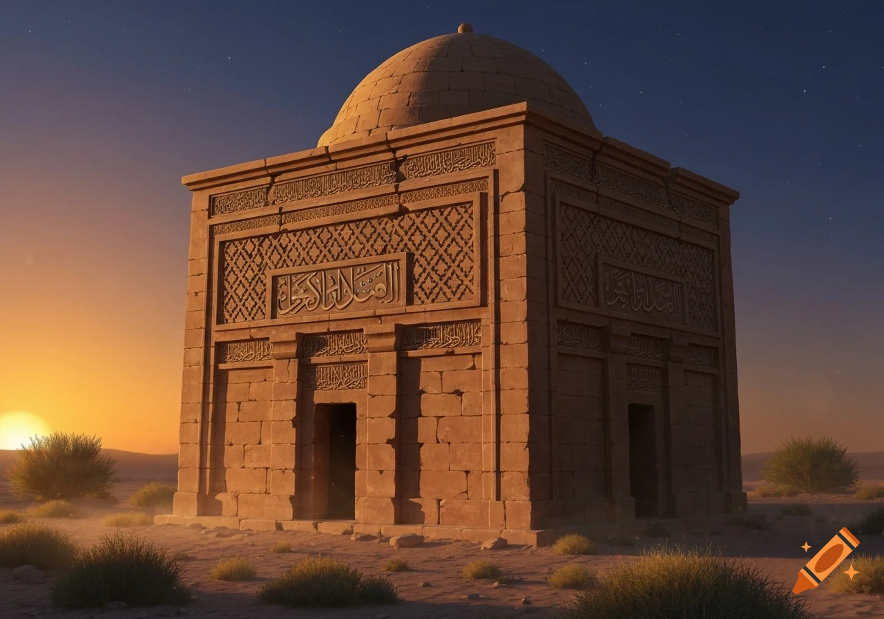 An ancient stone mausoleum with a domed roof and intricate carvings stands in a desert landscape at sunrise.