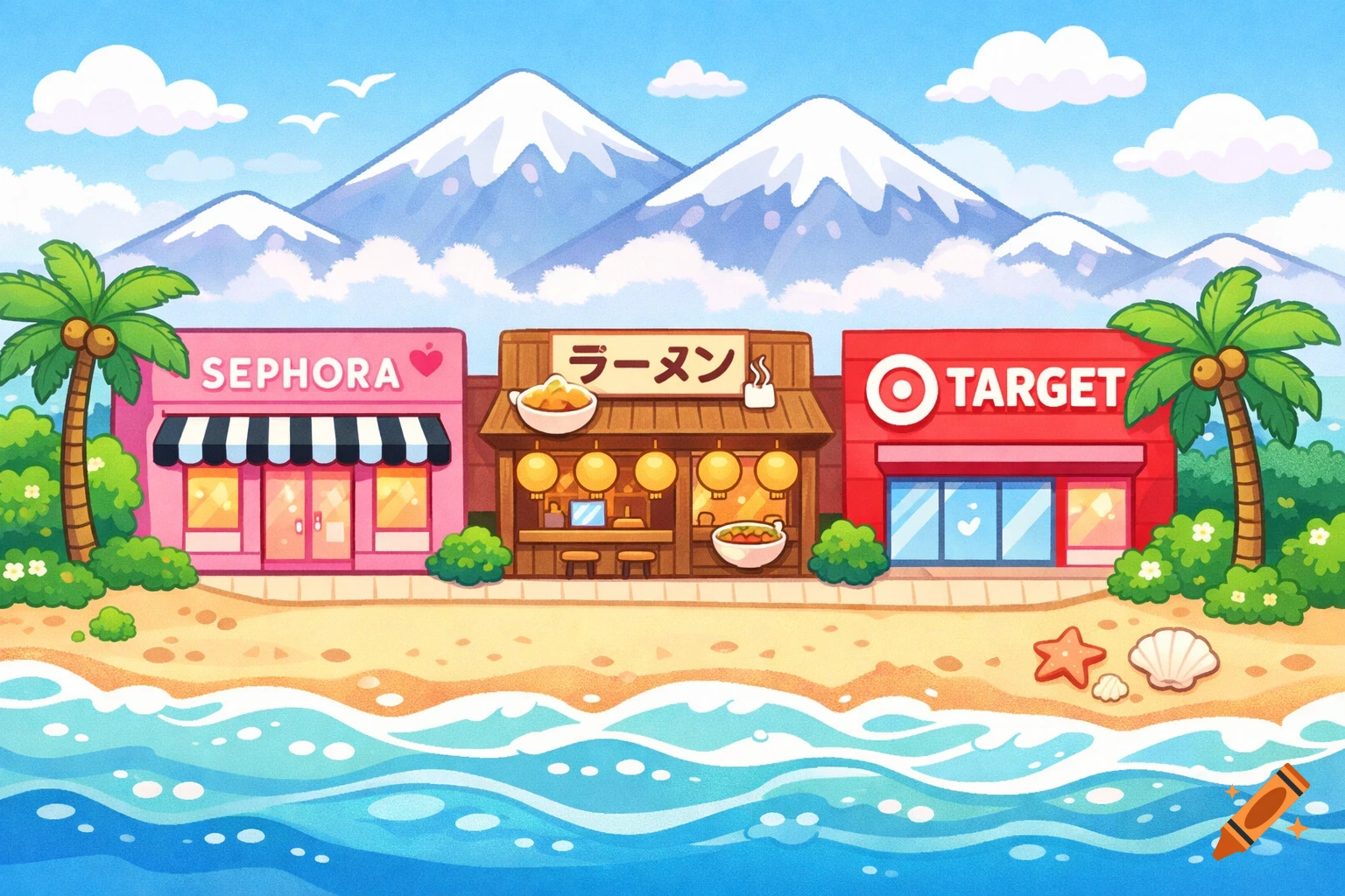 Cute cartoon seaside shopping center with Sephora, a ramen shop, and Target, backed by snowy mountains and a beach with ocean waves.
