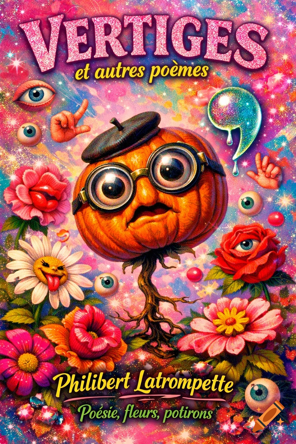 A highly colorful, glittery, kitch book cover featuring a sad pumpkin in a beret and goggles, rooted like a tree, surrounded by anthropomorphic flowers, floating eyeballs, and hands. Text reads "VERTIGES et autres poèmes" and "Philibert Latrompette"