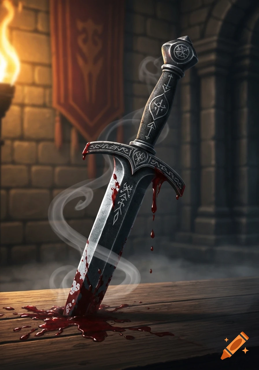 A stylized fantasy dagger, covered in dripping blood, stuck vertically into a wooden table. Torchlight illuminates a brick wall and banner.