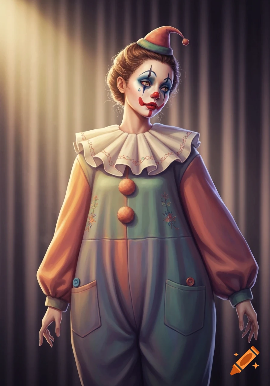 A whimsical portrait of a female clown with a pointed hat, ruffled collar, and colorful makeup, set against a dark background.