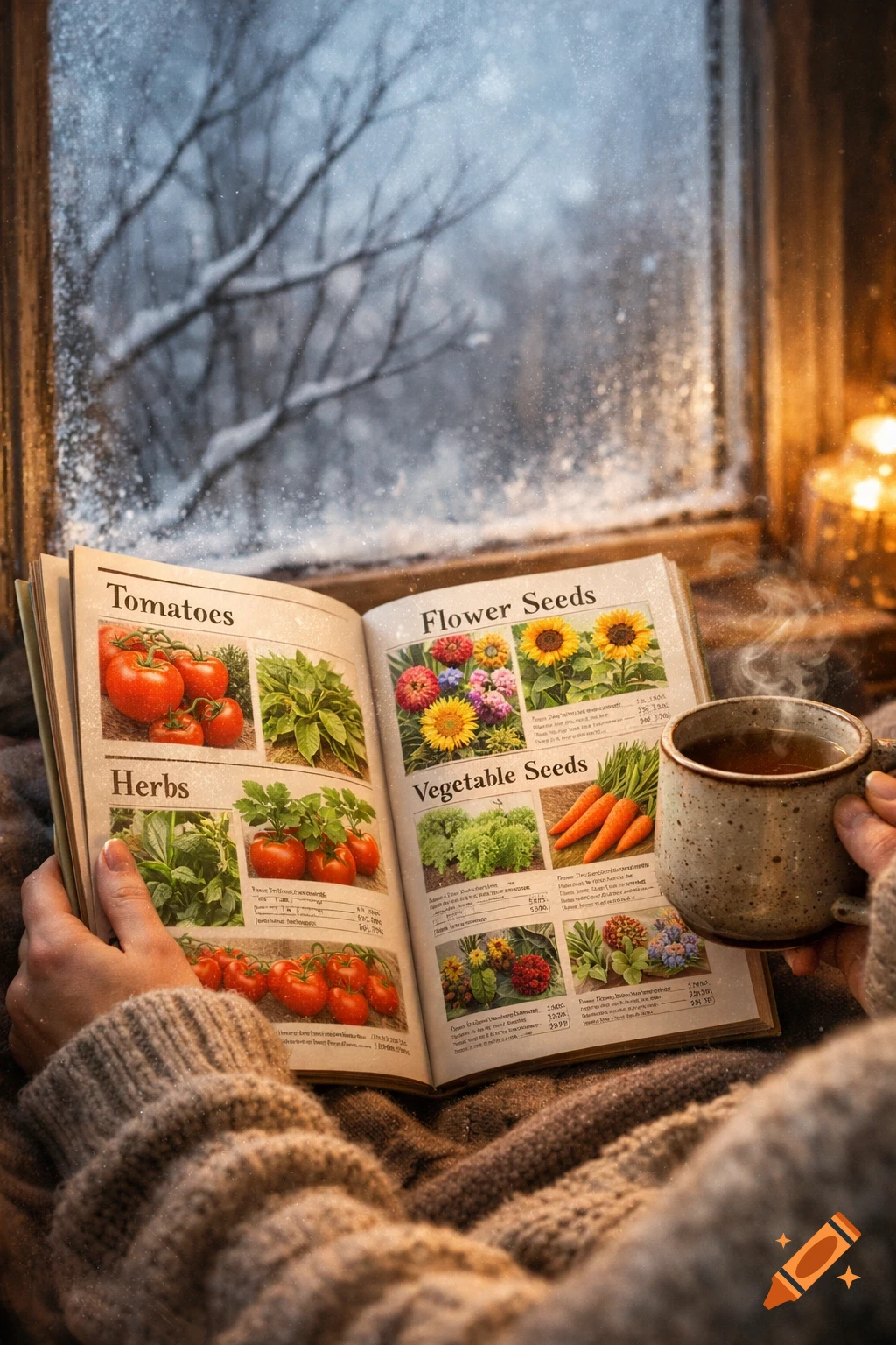 A person in a warm sweater holds a seed catalog and a steaming mug of tea by a snowy window, with bare branches outside.