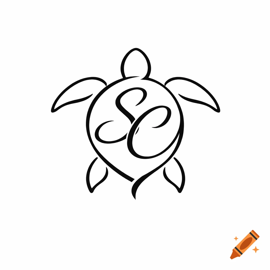 Black minimalist linework tattoo design of a turtle with intertwined initials S and C on its shell.