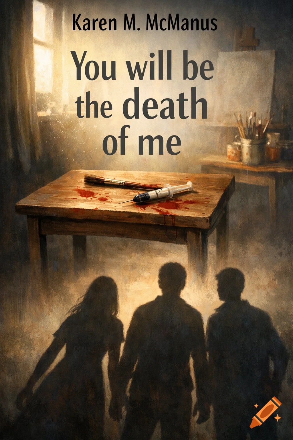 A dramatic book cover shows a syringe and bloody brush on a wooden table, with three shadowy figures below and a sunlit artist's studio in the background. Title: "You will be the death of me"