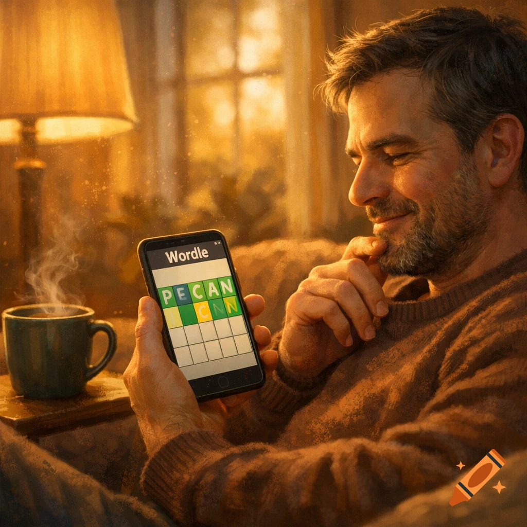 A man smiling while sitting on a couch, holding a smartphone displaying the game Wordle with the word 'PECAN' on the screen. A steaming mug is on a side table.