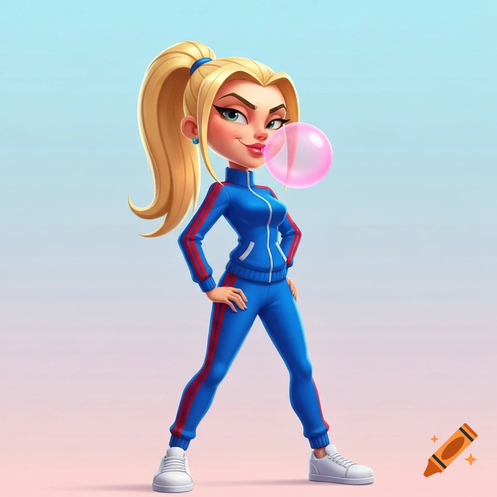 A stylized cartoon of a blonde woman in a blue tracksuit blowing a pink bubblegum bubble, standing against a gradient background.