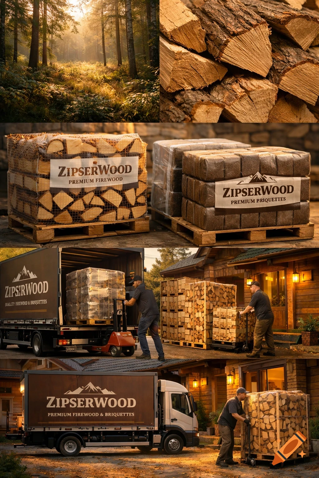 A collage showing a misty forest, close-ups of firewood, packaged firewood and briquettes, and men loading them onto a "ZIPSERWOOD" delivery truck at a house.