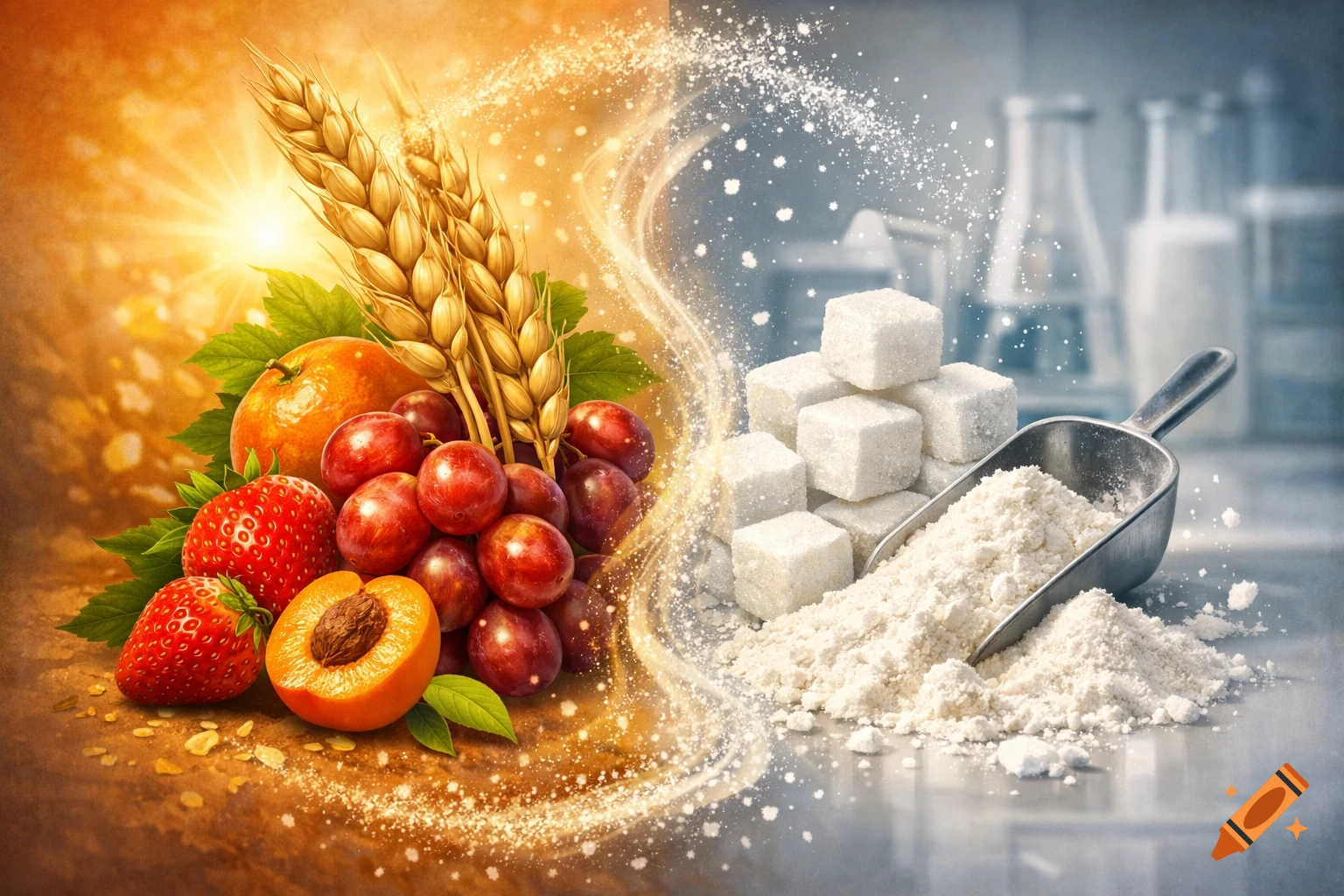 Split image contrasting natural ingredients like wheat and various fruits on a warm side with refined sugar cubes and flour on a cool side.
