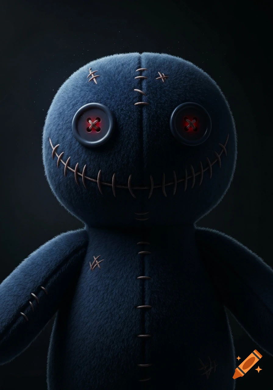 A creepy navy blue plush toy with a stitched smile, red glowing button eyes, and visible stitching on a dark background.