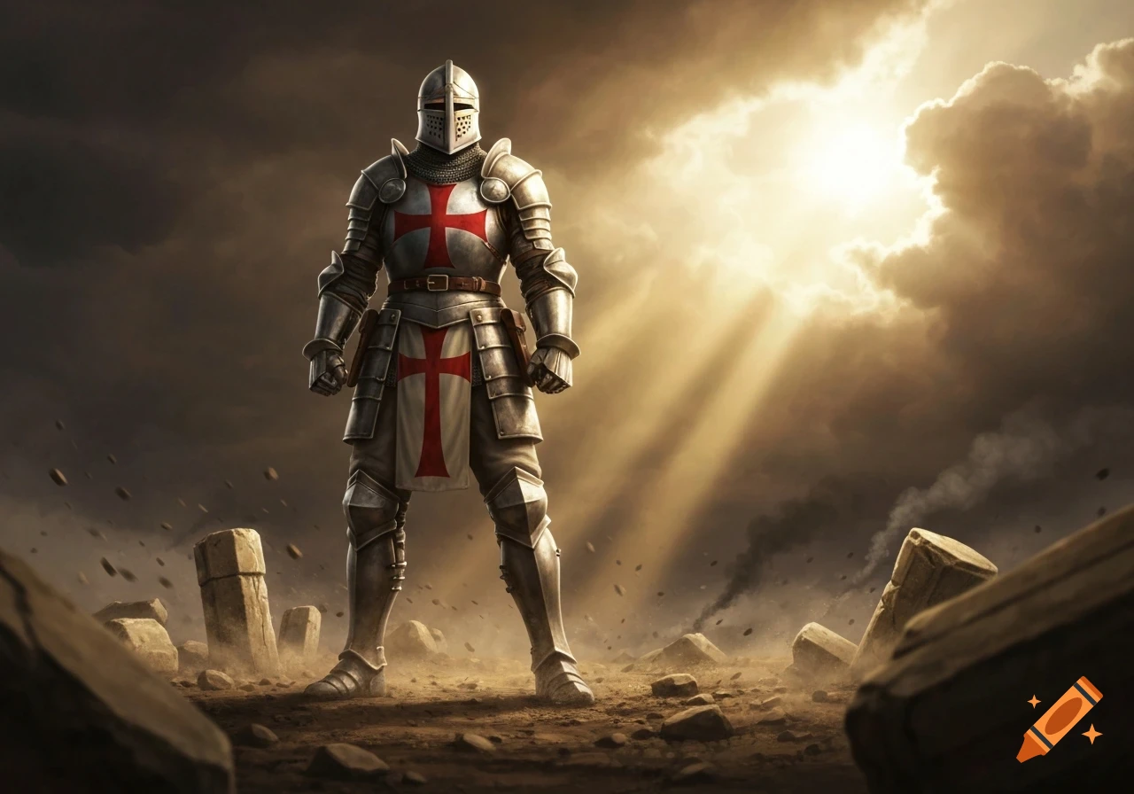 A heroic Knight Templar in full armor stands on a debris-strewn battlefield under dramatic, sun-pierced clouds.
