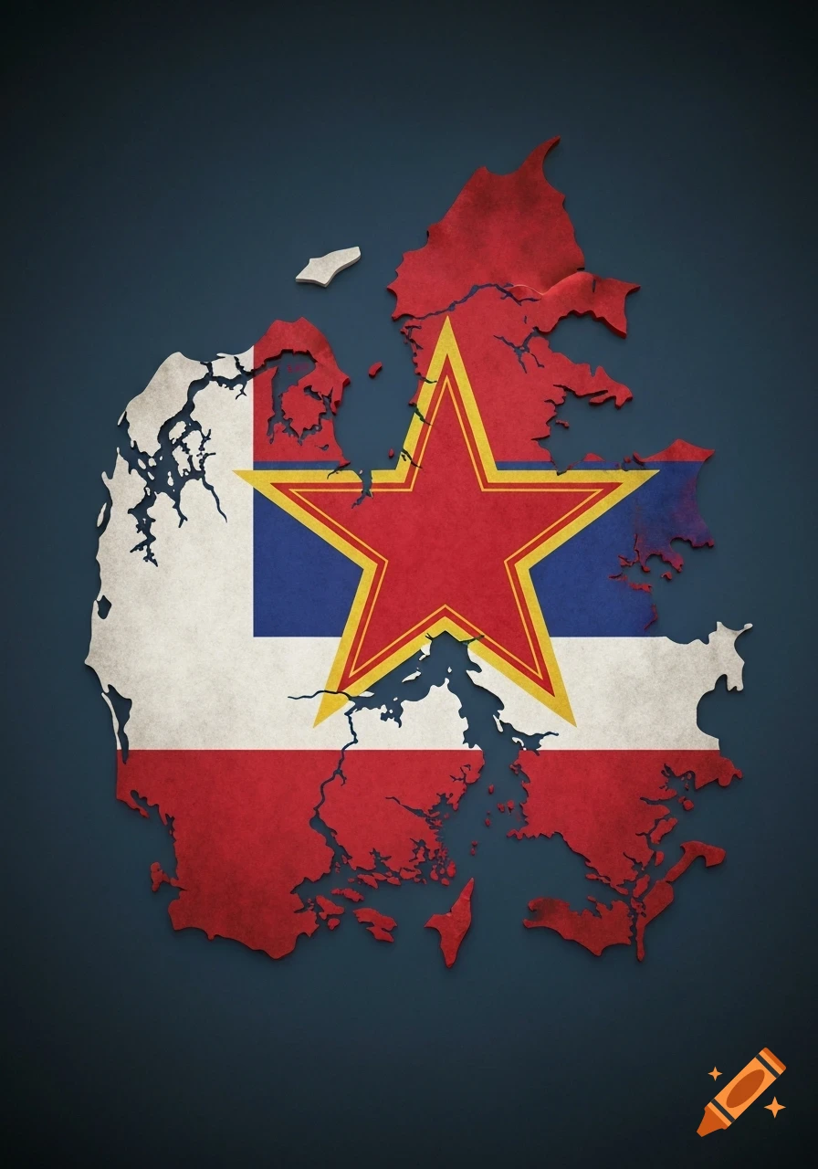 Map of Denmark, Greenland, and Faroe Islands painted with the Socialist Federal Republic of Yugoslavia flag featuring a red star.