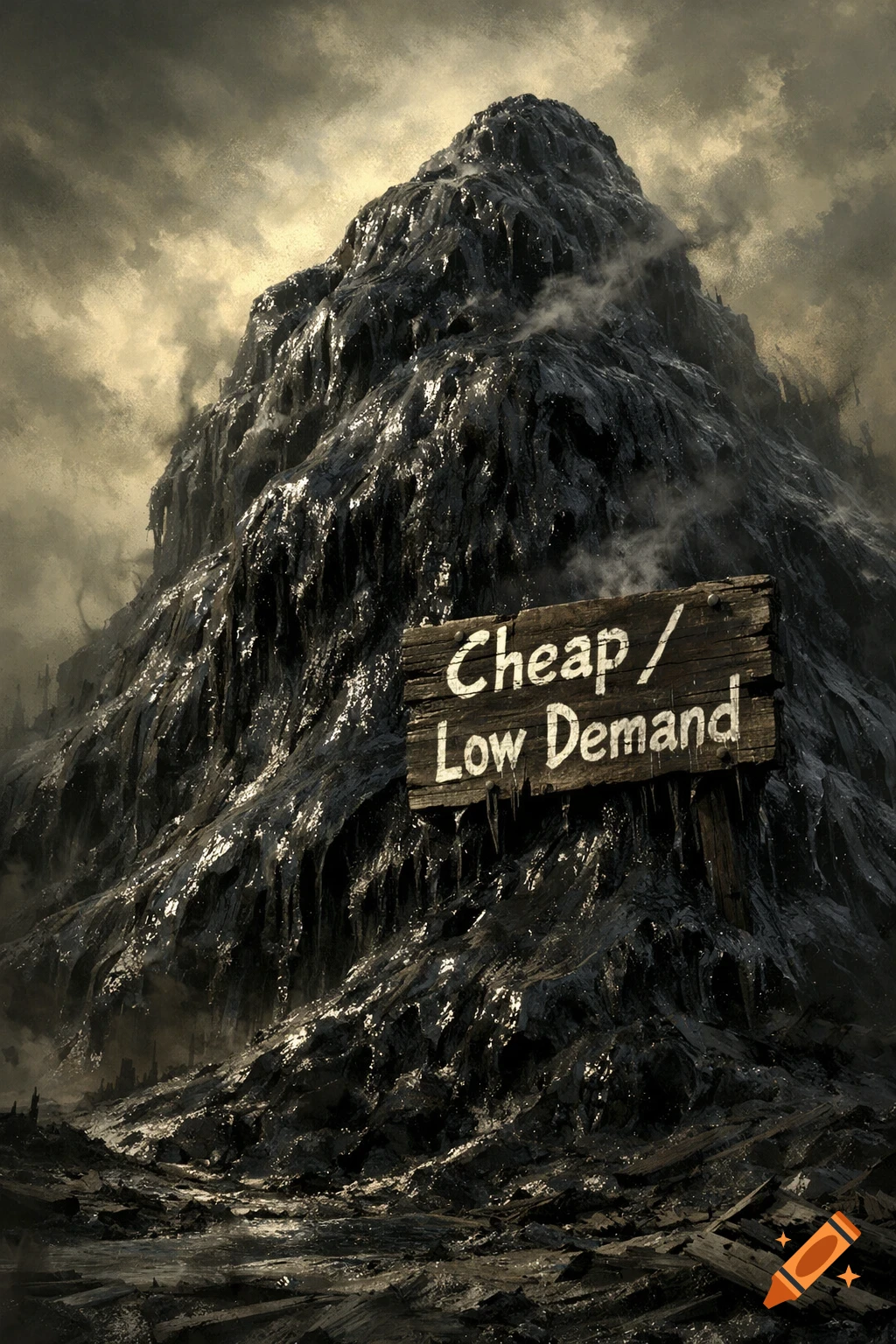 A dark, moody mountain of black bitumen with a sign reading 'Cheap / Low Demand' under a stormy sky.