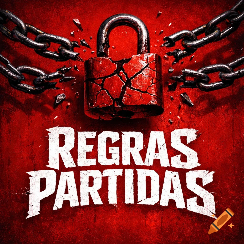 A cracked red padlock and broken metal chains on a gritty red background with the text 'REGRAS PARTIDAS'.