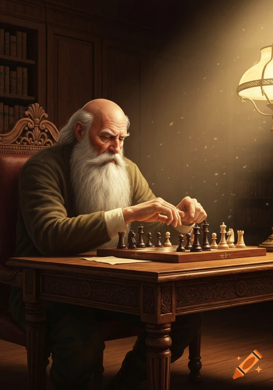 A bald, long-bearded old man intently plays chess at a carved wooden table, illuminated by a warm lamp light in a vintage study.