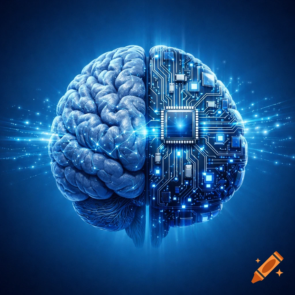 A stylized human brain merges with a glowing microchip circuit board, symbolizing artificial intelligence on a blue background.