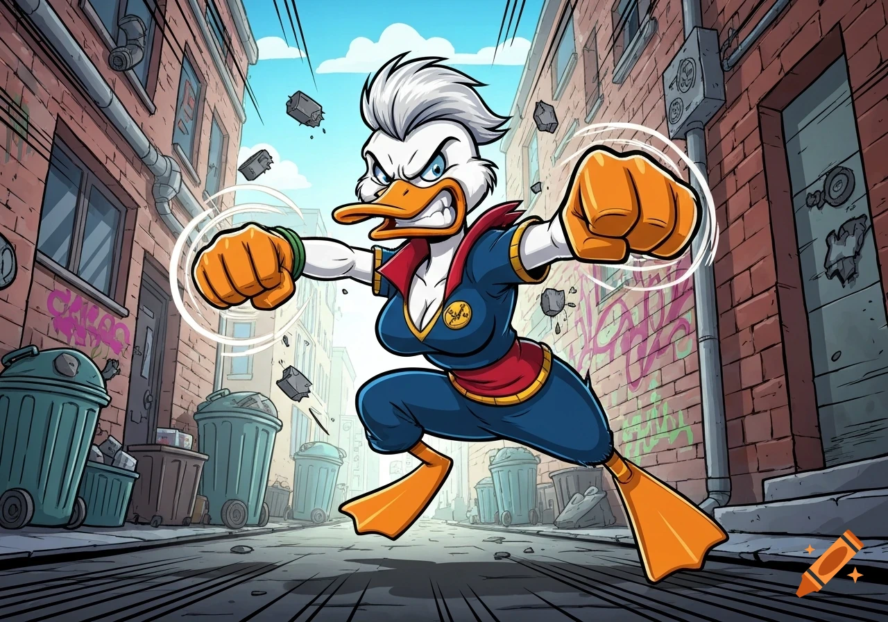 A cartoon white duck superhero with white hair and orange fists punches forward in a gritty alleyway with flying debris and graffiti.