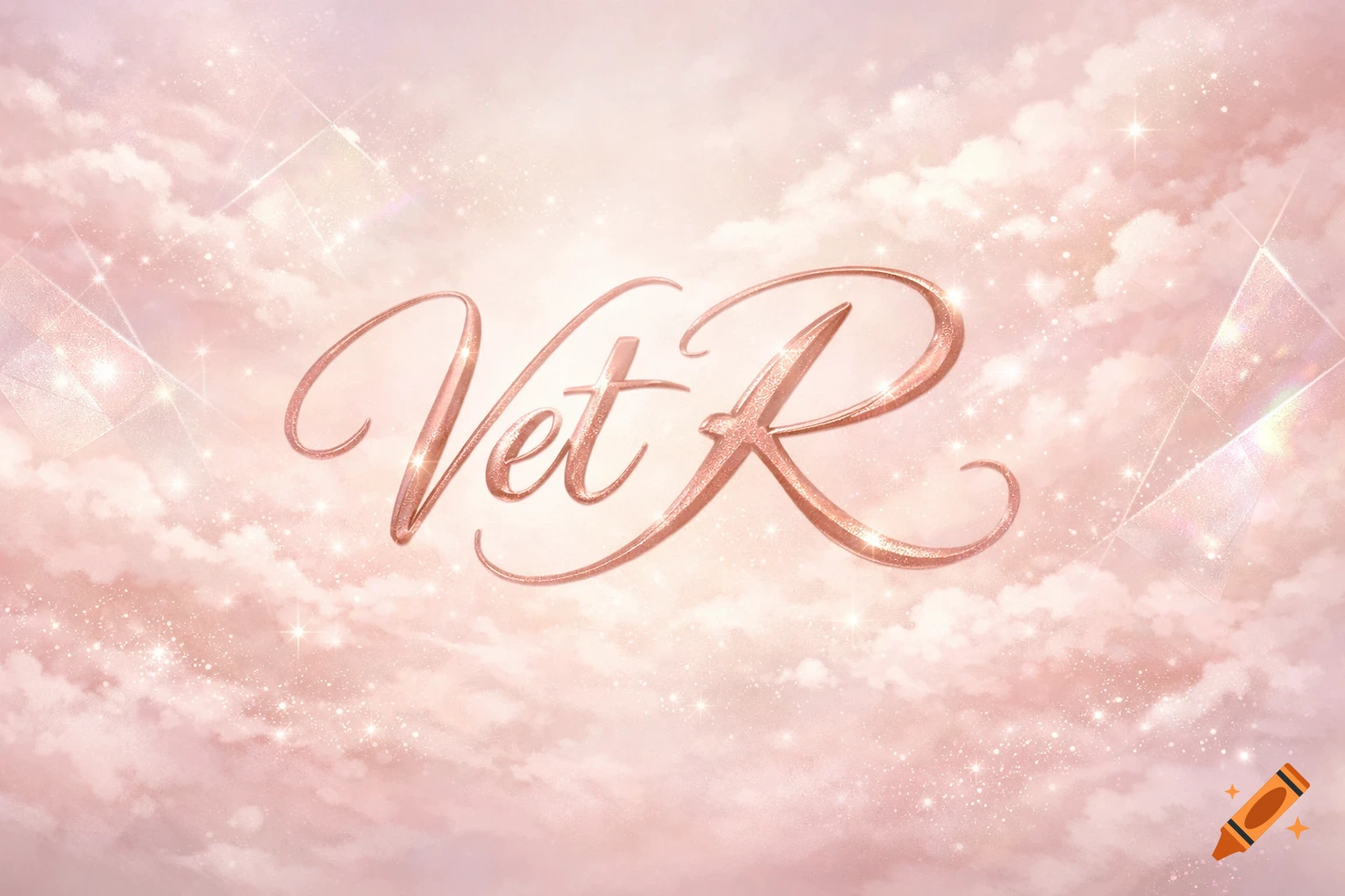 Rose gold, glittery script text 'Vet R' on a soft pink cloudy background with sparkling light effects.