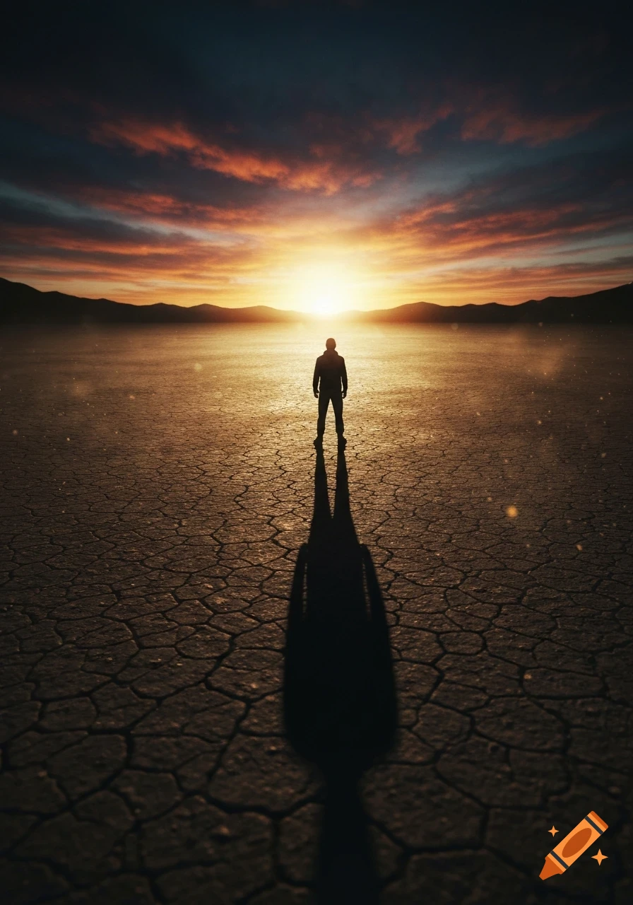 A person stands silhouetted against a vibrant sunset over a cracked desert landscape with mountains in the distance.