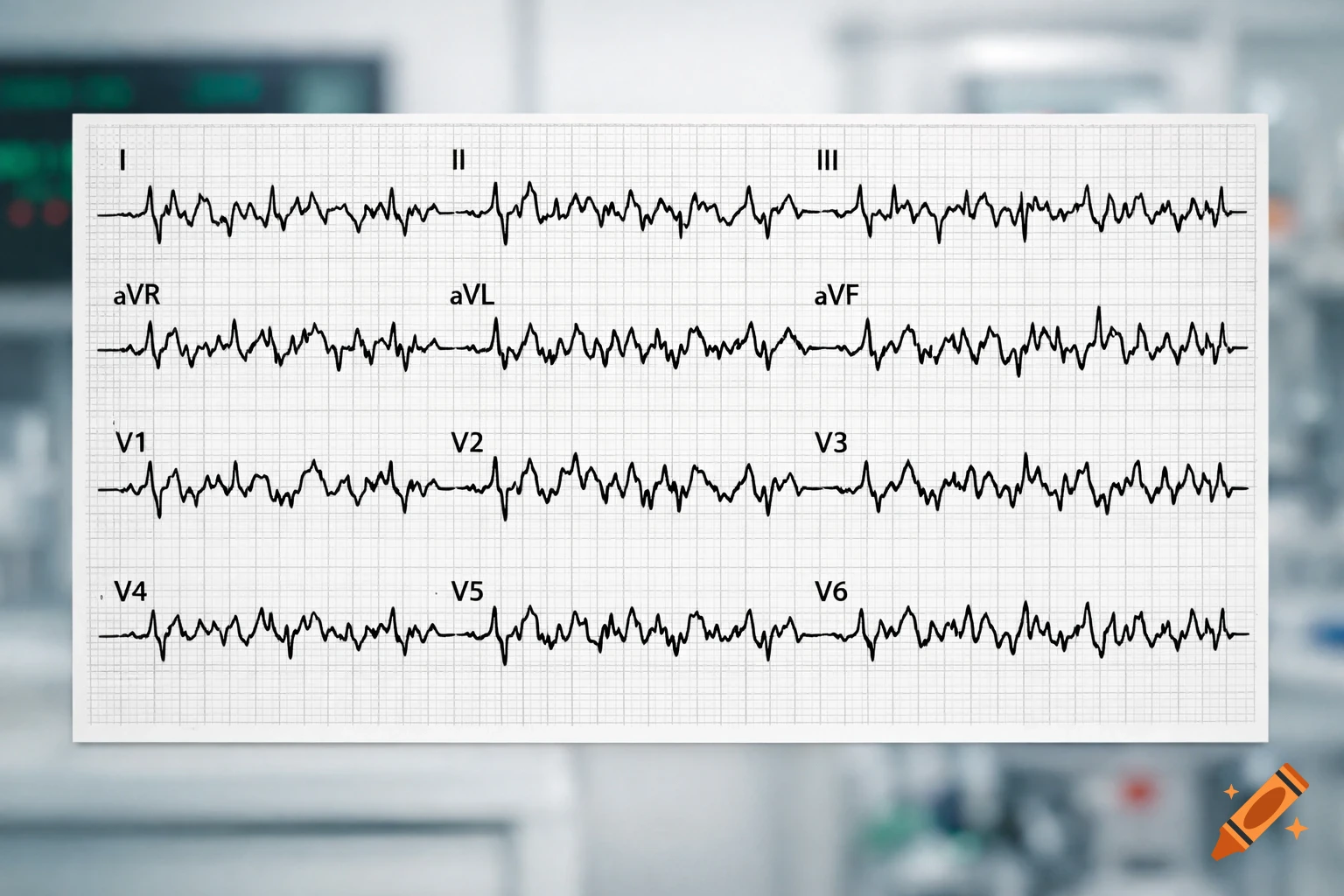 A detailed 12-lead EKG graph displaying irregular heart rhythm, set against a blurred medical background.