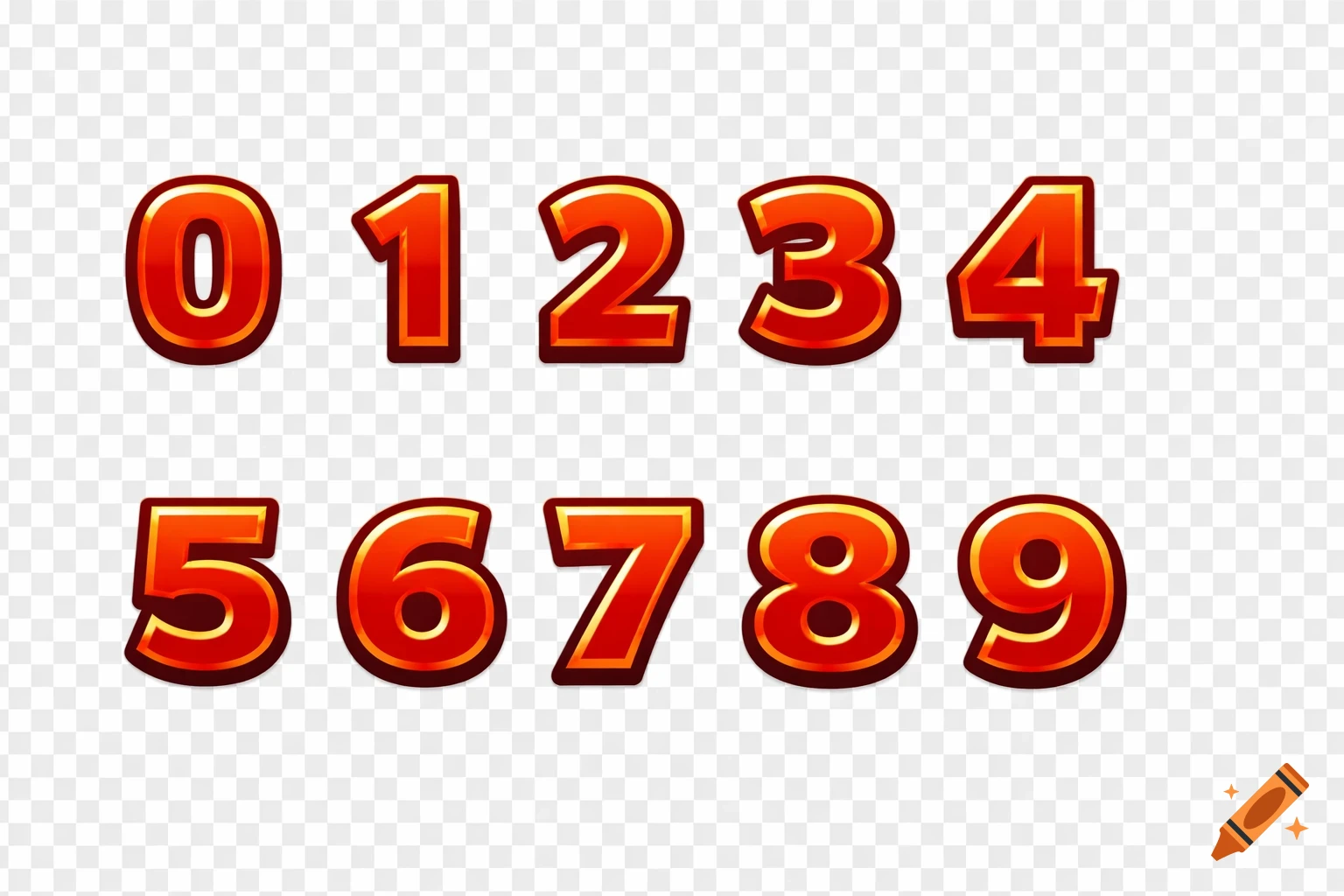 Set of stylized red and gold numbers from 0 to 9 on a transparent background.