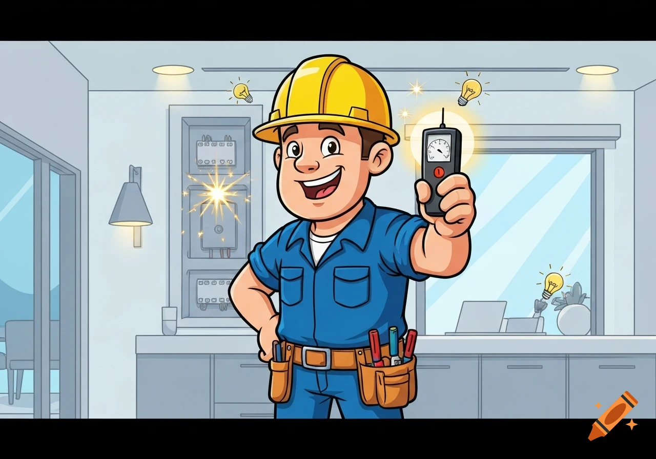A smiling cartoon electrician in a yellow hard hat and blue uniform holds a multimeter in a room with an electrical panel.