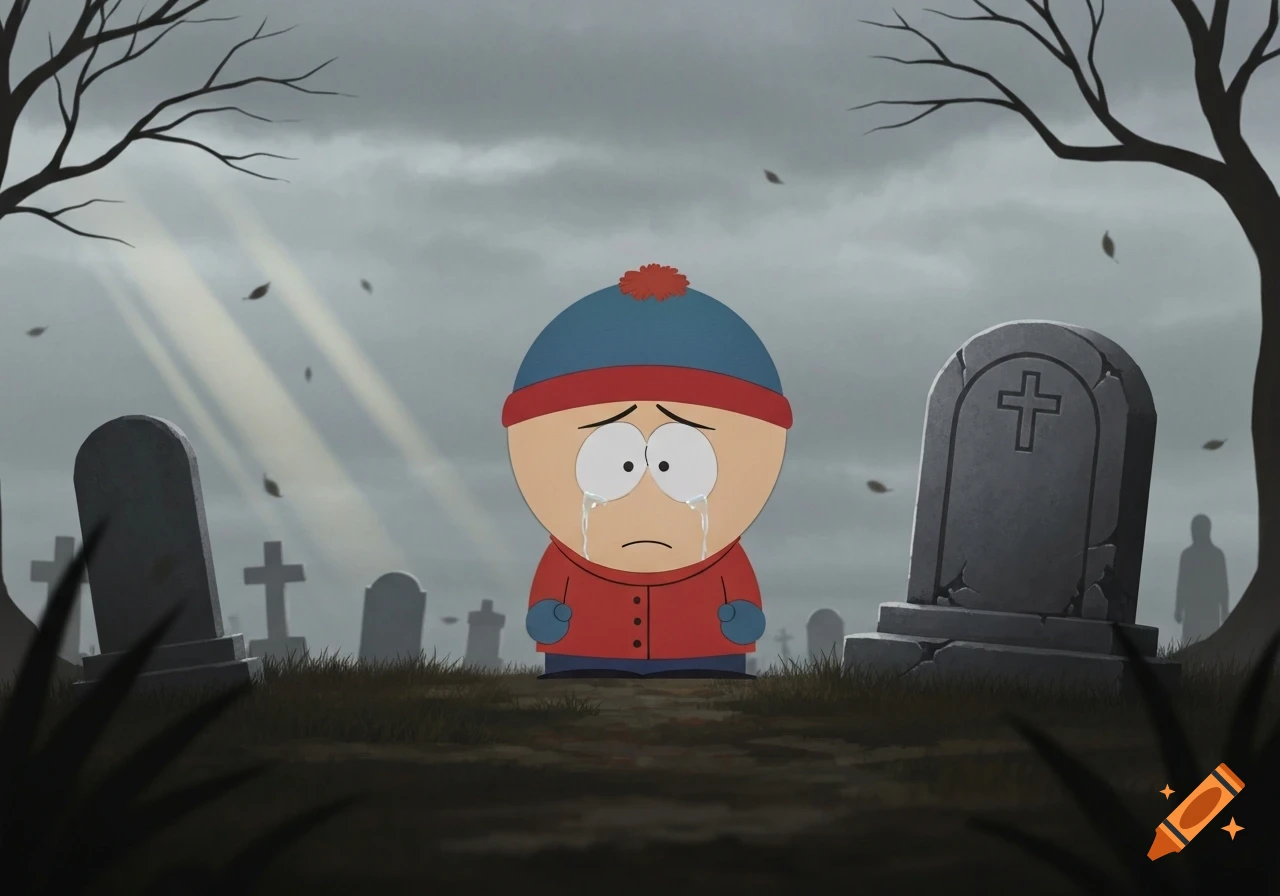 Stan from South Park crying in a dark graveyard with tombstones and bare trees, in a cartoon style.