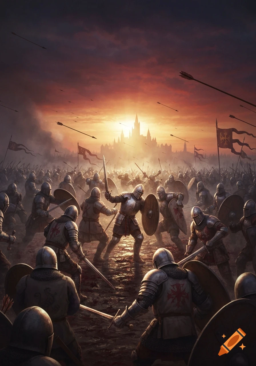 Armored knights clash on a battlefield at sunset, with a castle in the background and arrows filling the sky.