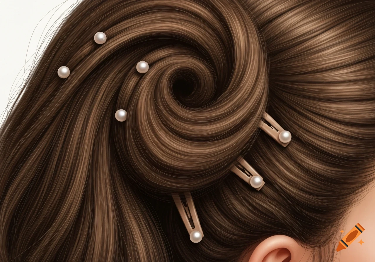 Close-up illustration of thick brown hair styled in a spiral bun, adorned with pearl hair clips and scattered pearls.