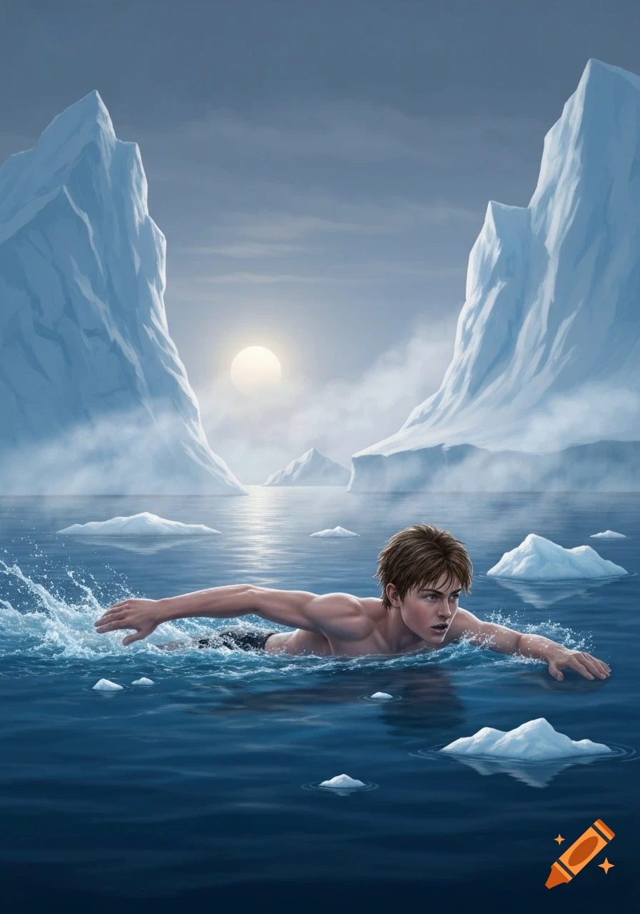 An illustrated boy with brown hair swims in icy blue water surrounded by large white icebergs under a pale sun.
