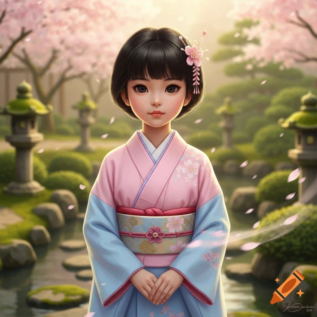 A stylized digital art portrait of a young girl in a pink and blue kimono, standing in a Japanese garden with cherry blossom trees and falling petals.