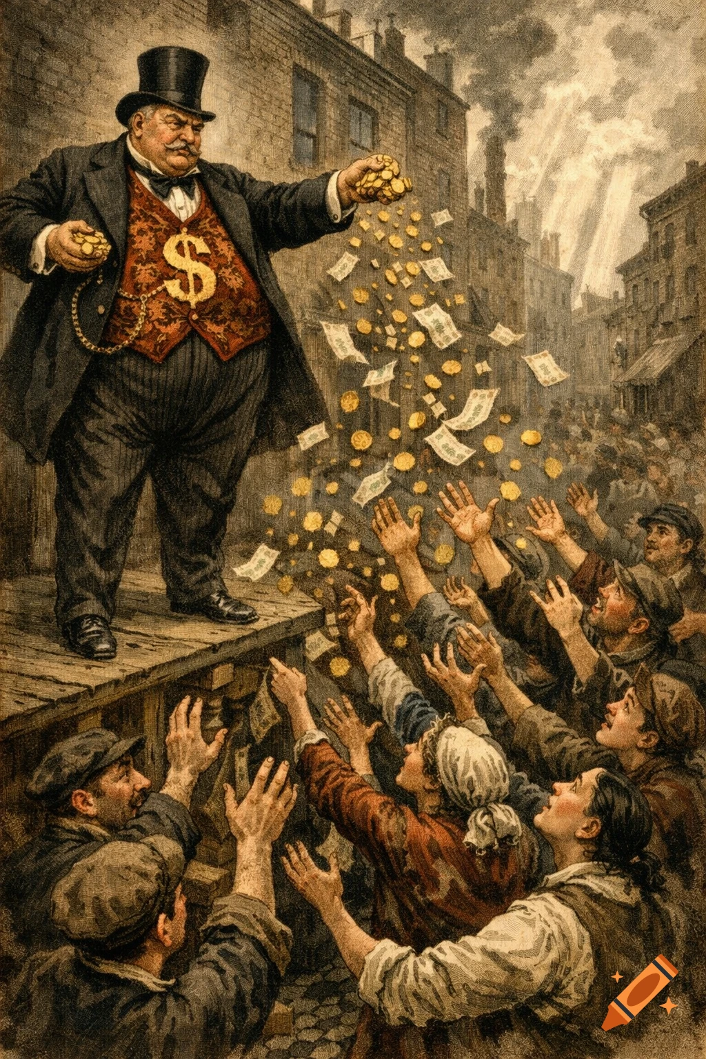 Vintage illustration of a rich man in a top hat throwing money to an eager crowd.